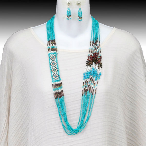 SOUTHWEST TRIBAL RODEO TURQUOISE INDIAN SEED BEAD GLASS BEADED NECKLACE WESTERN