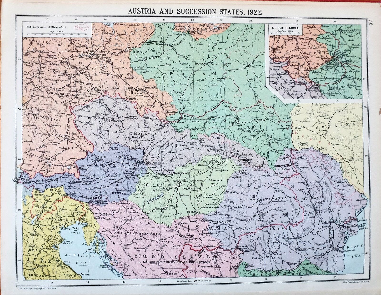 HISTORICAL MAP - POST WW1 AUSTRIA AND THE SUCCESSION STATES 1922