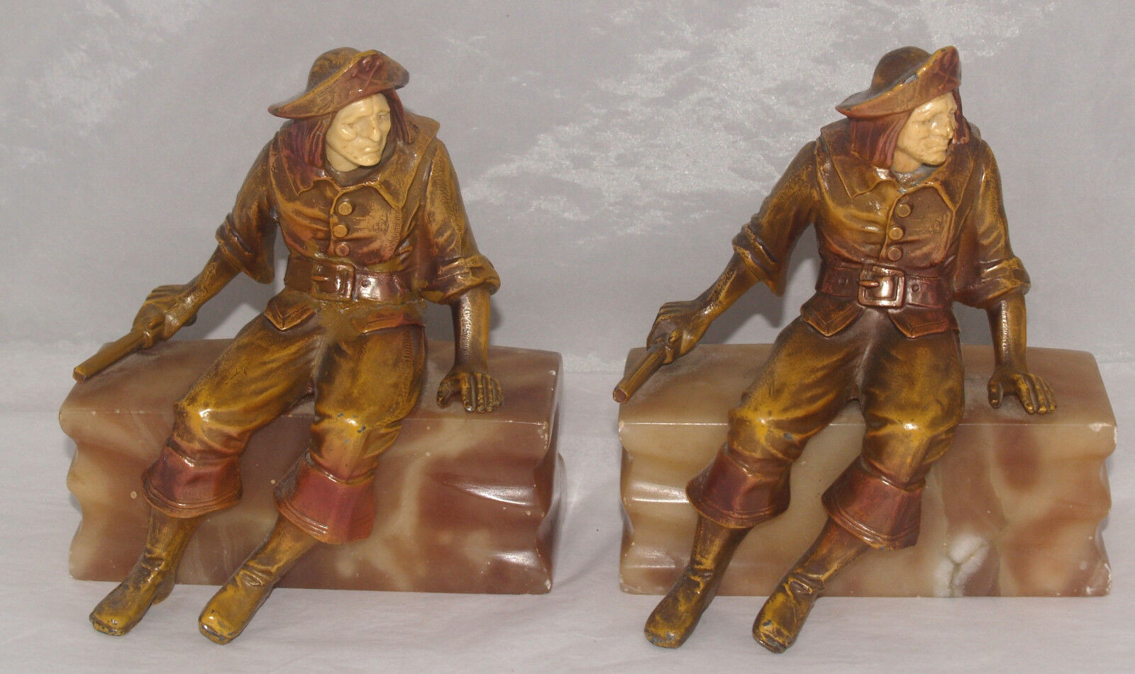 VINTAGE PAIR OF ART DECO PIRATE FIGURAL ALABASTER MARBLE ITALY BOOK ENDS 