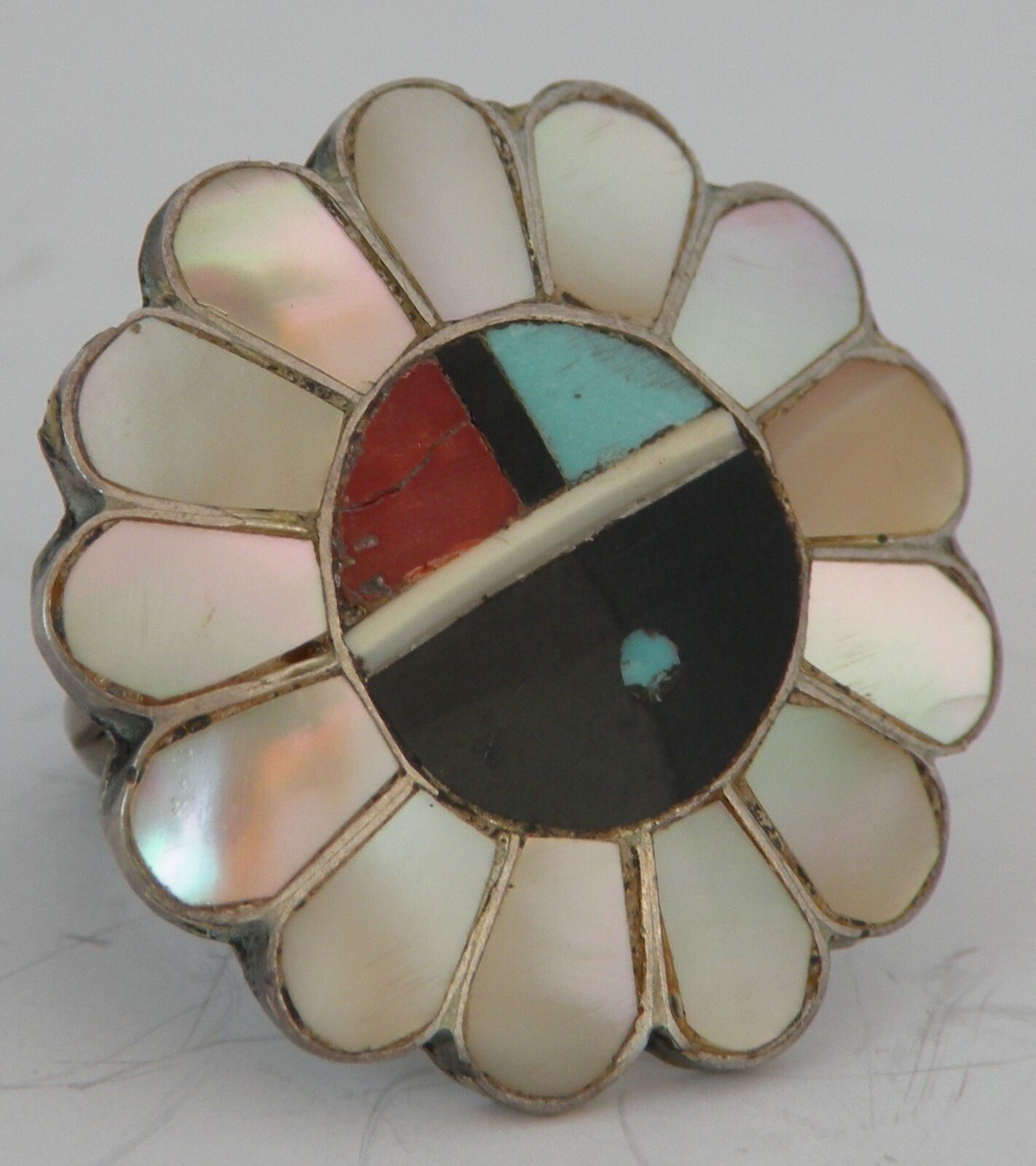 Old Native American Sun face Kachina inlay Turquoise, Coral MoP Sterling ring