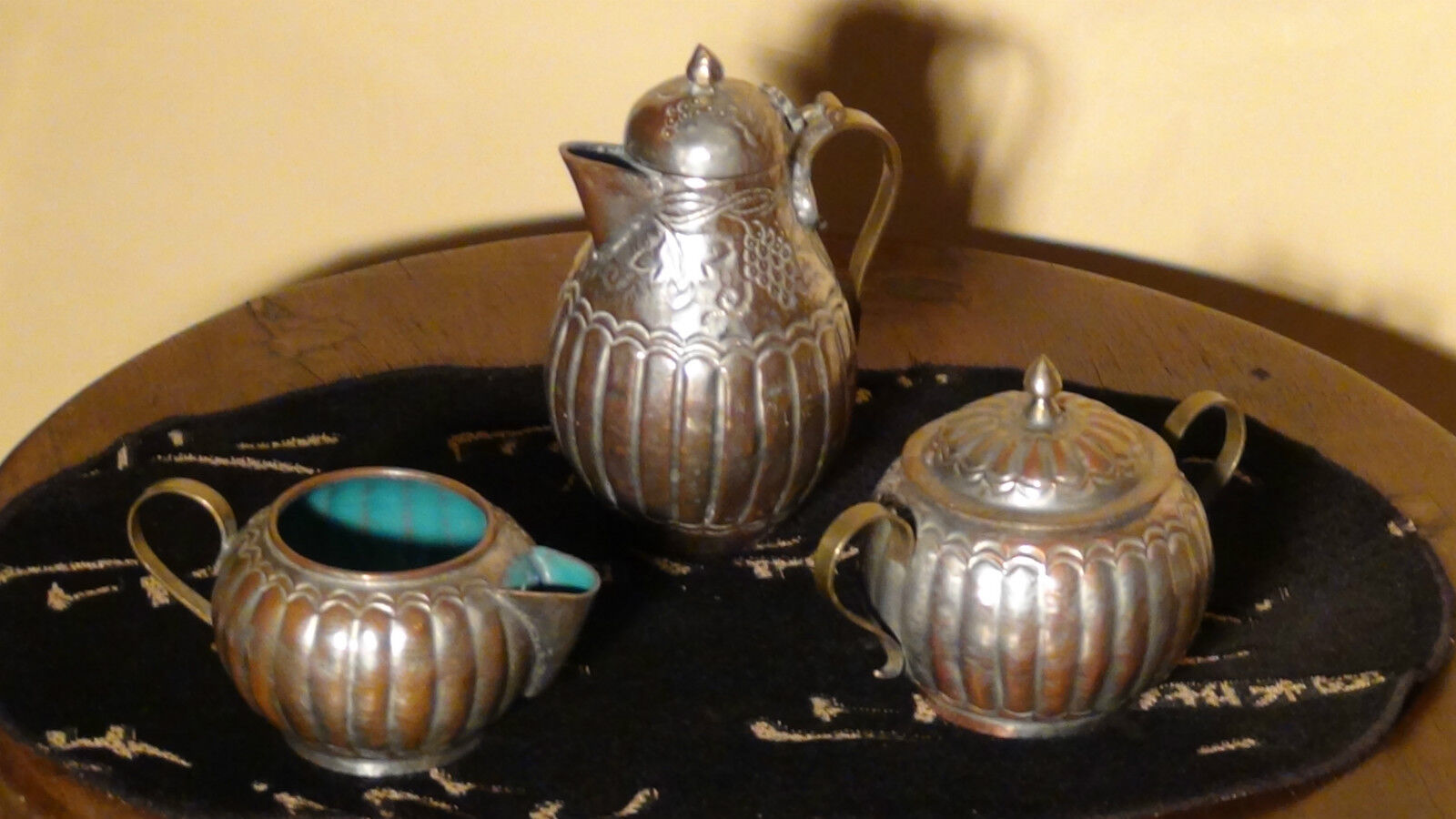 ANTIQUE 19C CHINESE COPPER  CREAMER ,SUGAR AND SMALL POT WITH TURQUOUISE ENAMEL