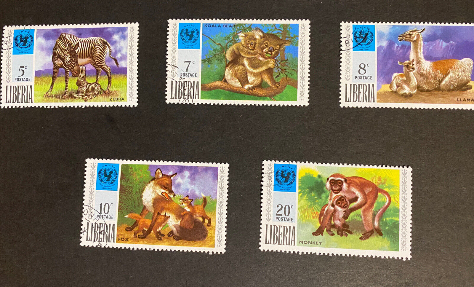 LIBERIA 25TH ANNIVERSARY UNICEF ANIMAL STAMPS 1946-1971 CTO FIVE LARGE STAMPS