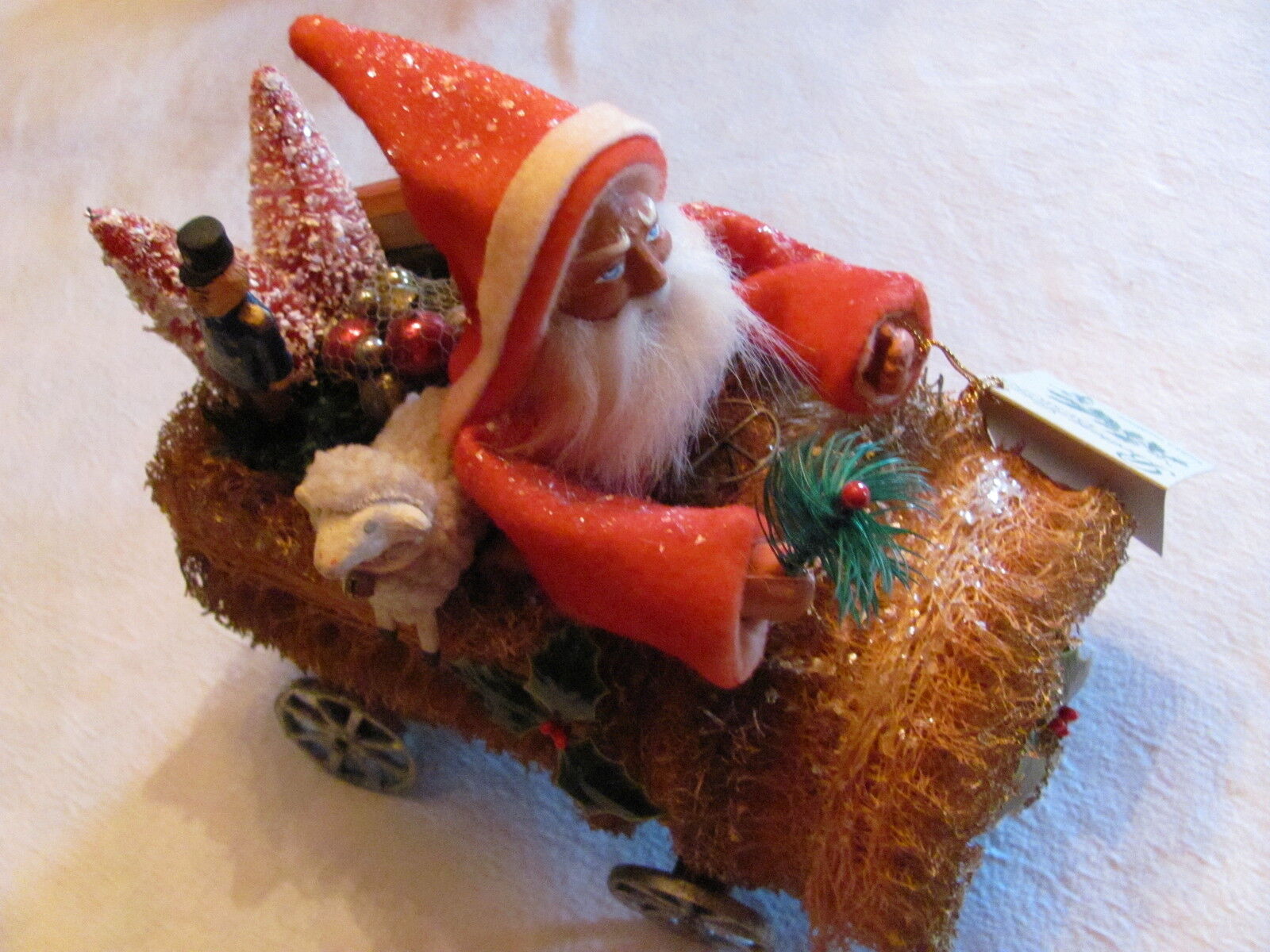 RETIRED Bethany Lowe Christmas German Old Style Santa Riding Loofah Sponge Car