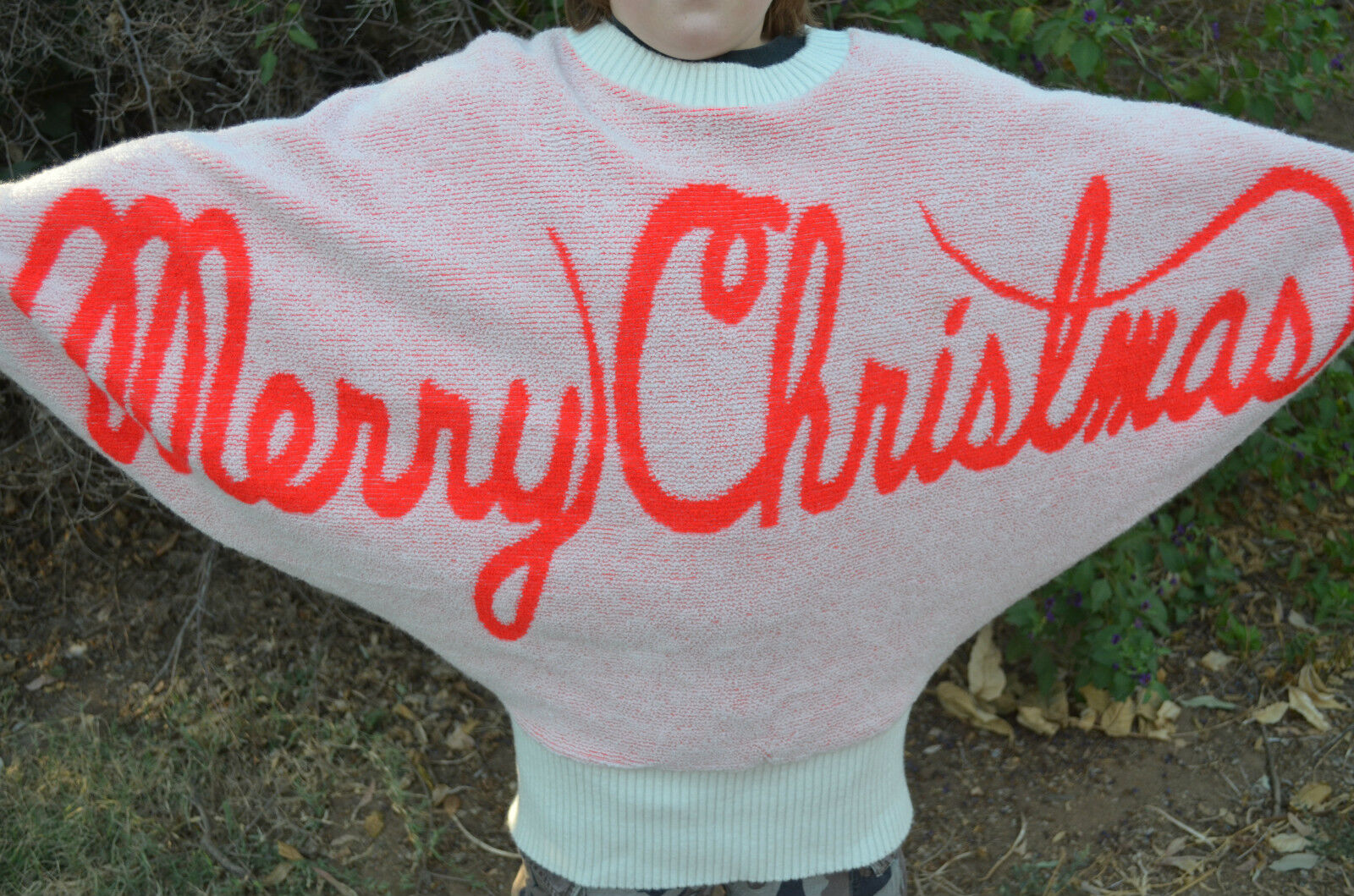 BETSEY JOHNSON 80\'S VINTAGE MERRY CHRISTMAS SWEATER RARE RED WHITE OVERSIZED O/S