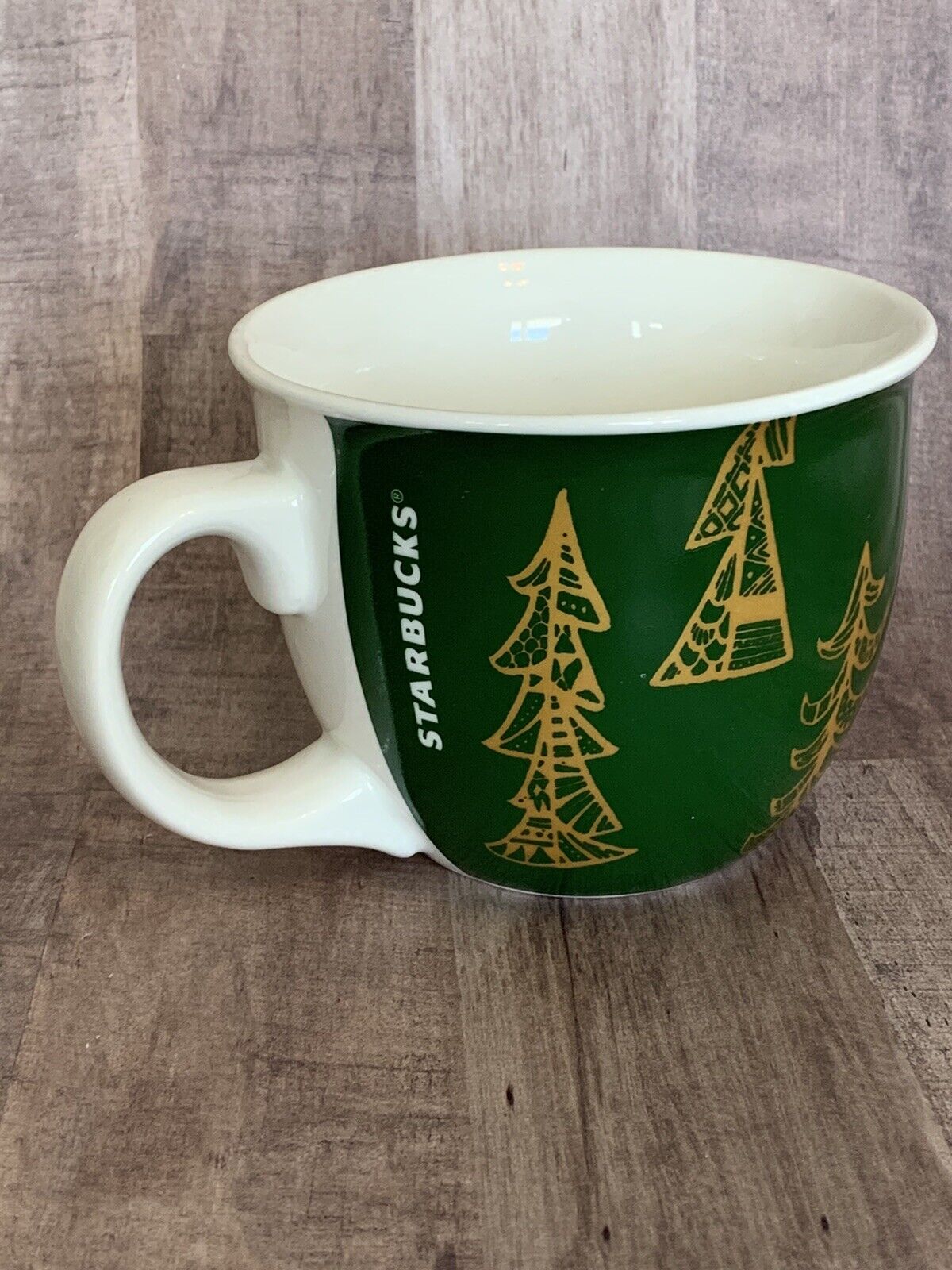 Starbucks 2015 Green Gold Trees Christmas Coffee Tea Mug Cup 14oz