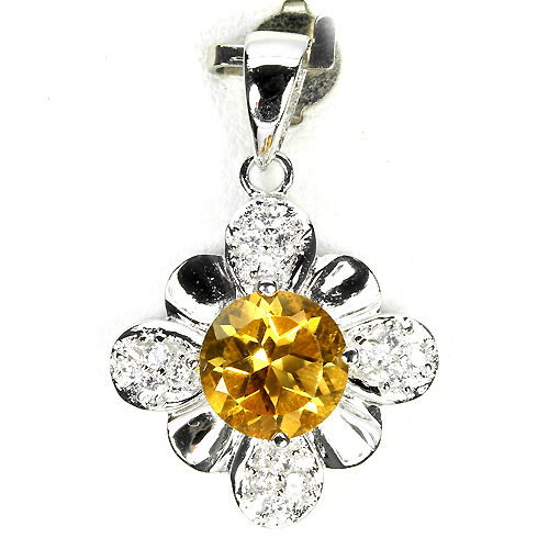 ELEGANT NATURAL ROUND 8mm TOP YELLOW CITRINE-W. CZ STERLING 925 SILVER PENDANT