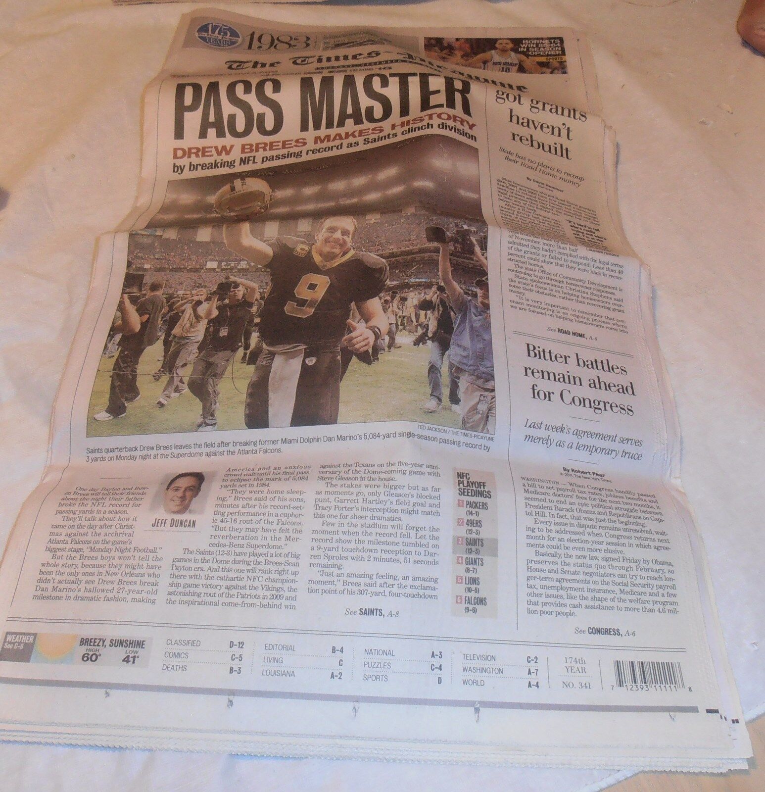 VINTAGE 2011 NEW ORLEANS SAINTS DREW BREES PASS MASTER MAKES HISTORY NEWSPAPER