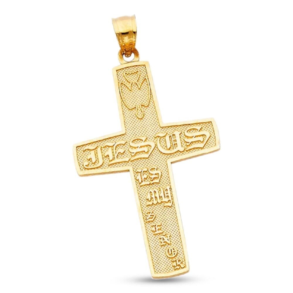 Solid 14k Yellow Gold Cross Jesus Es My Senor Pendant Crucifix Charm Religious