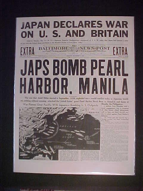 VINTAGE NEWSPAPER HEADLINE ~WORLD WAR 2 JAPANESE PLANES BOMB PEARL HARBOR WWII~