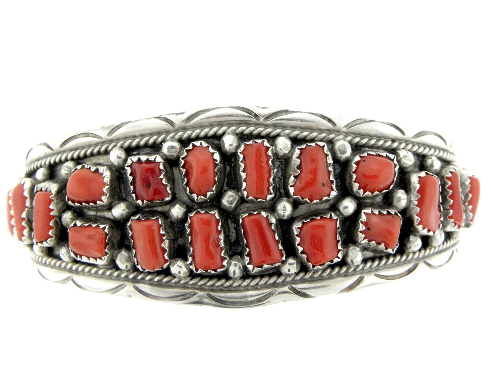 Navajo Handmade Sterling Silver Natural Coral Bracelet Cuff