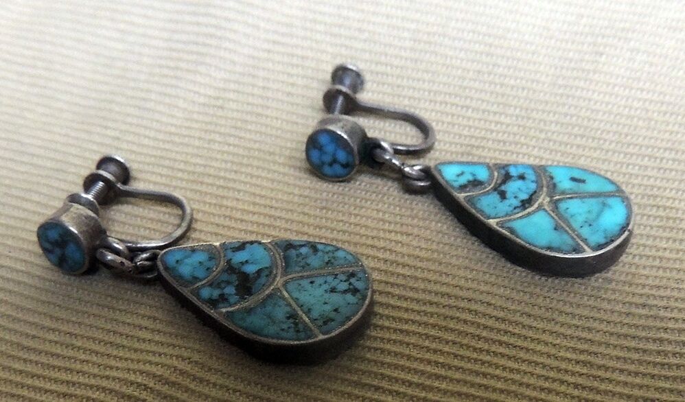 Old Pawn Zuni Earrings Channel Inlay Turquoise Screw Backs Dangling 1950s