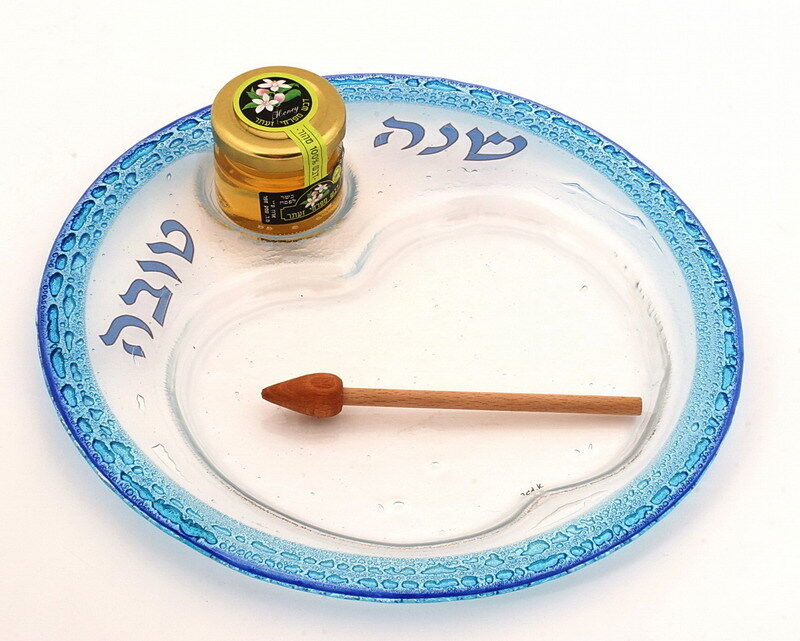 Rosh Hashanah Apple Honey Bowl,Blue Glass Plate, Judaica Designer Israeli Gift 