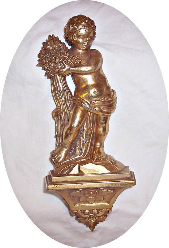 Vintage Syroco Gold Ornate Cherub Cupid Bouquet Flowers Plaque Wall Hanging