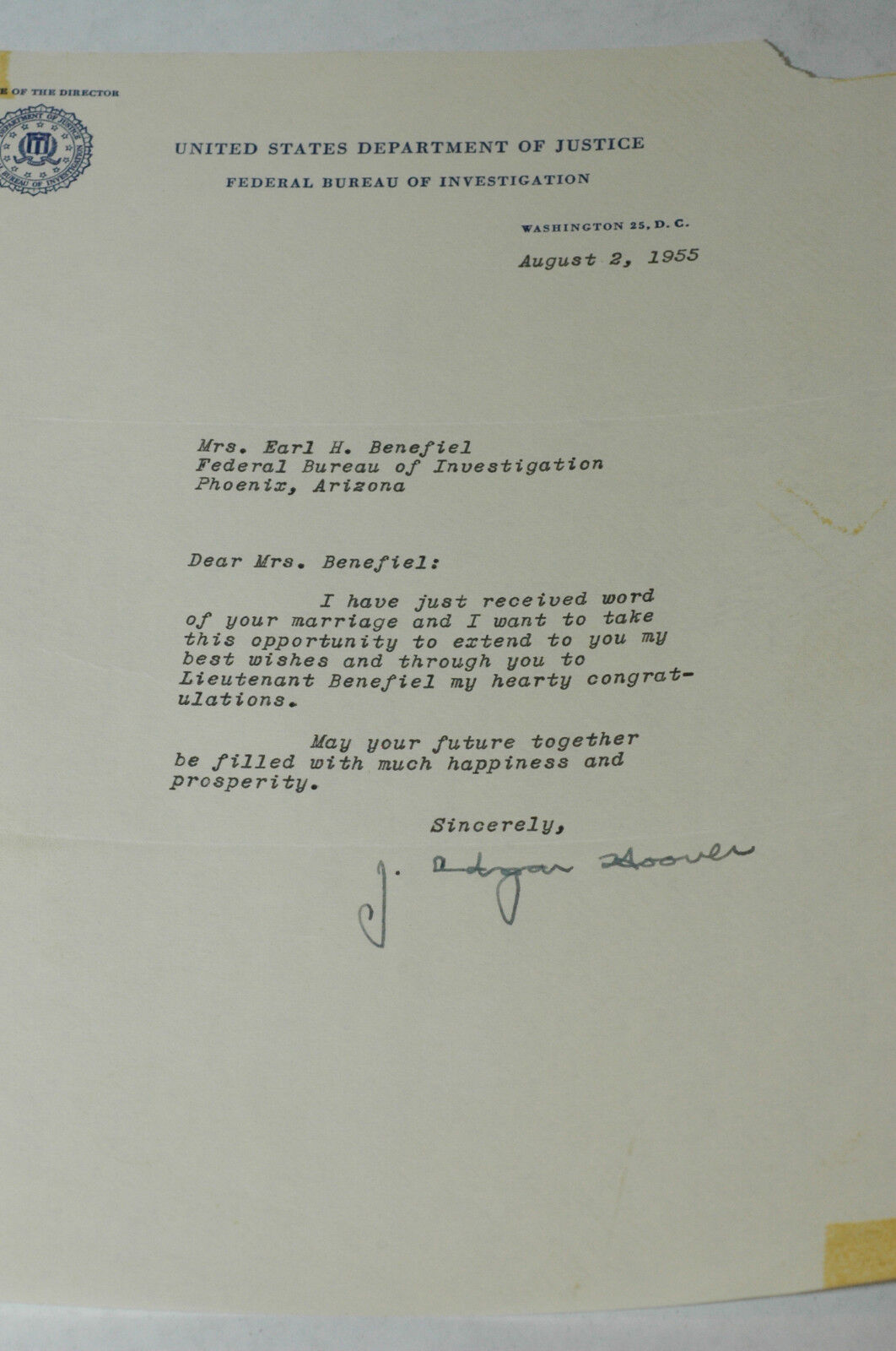 J. EDGAR HOOVER F.B.I. SIGNED 1956 LETTER AUTOGRAPH TO SHARON BENEFIELD