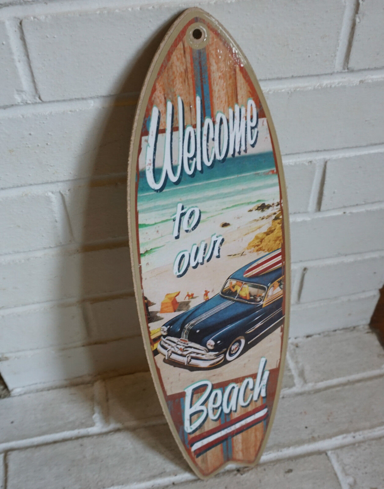 WELCOME TO OUR BEACH - WOODY WAGON Rustic Surfboard Sign Surfer Home Decor NEW