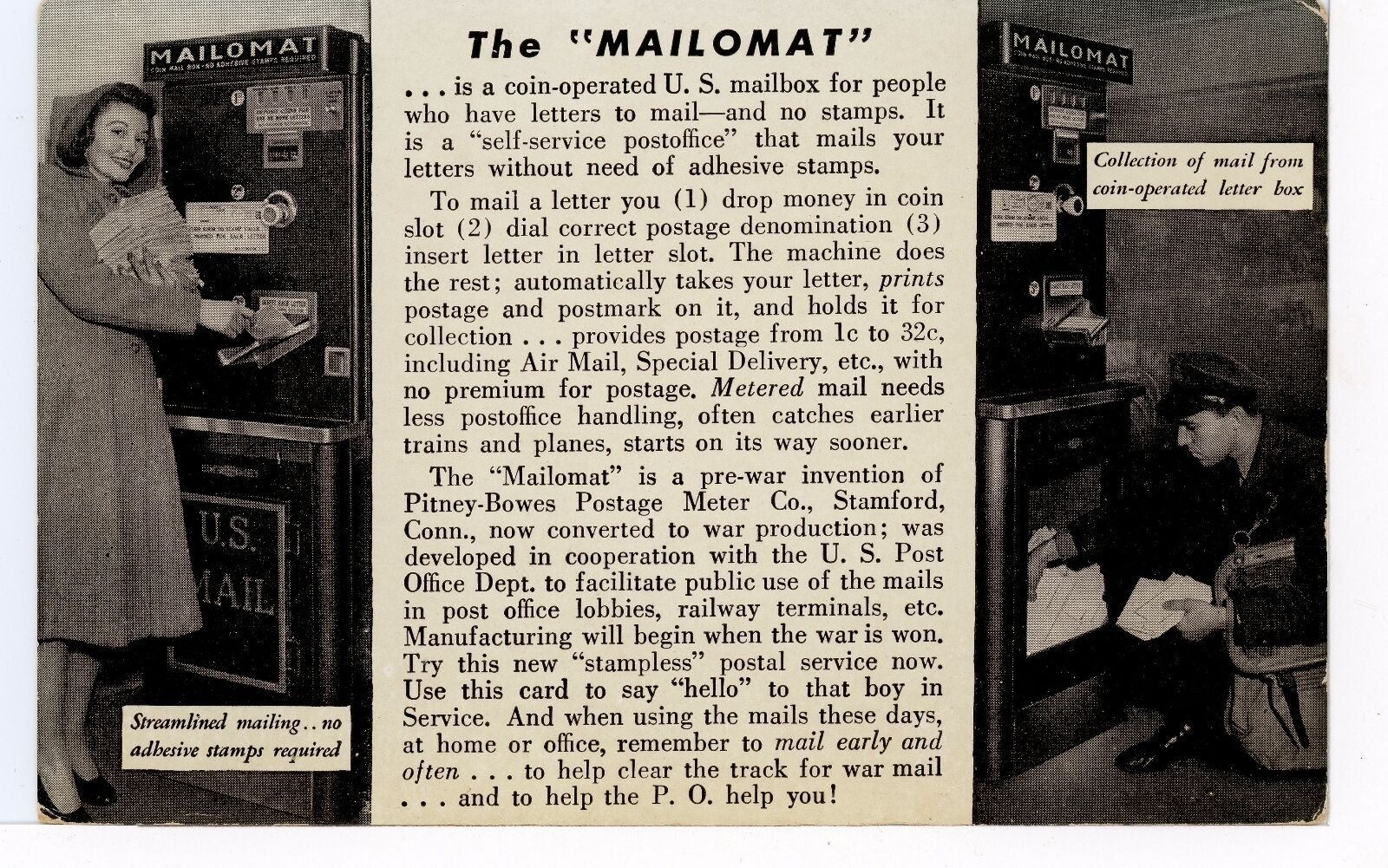 MailoMat Vintage Advertising PC US Postal Machine NYC Stamford CT 1940s