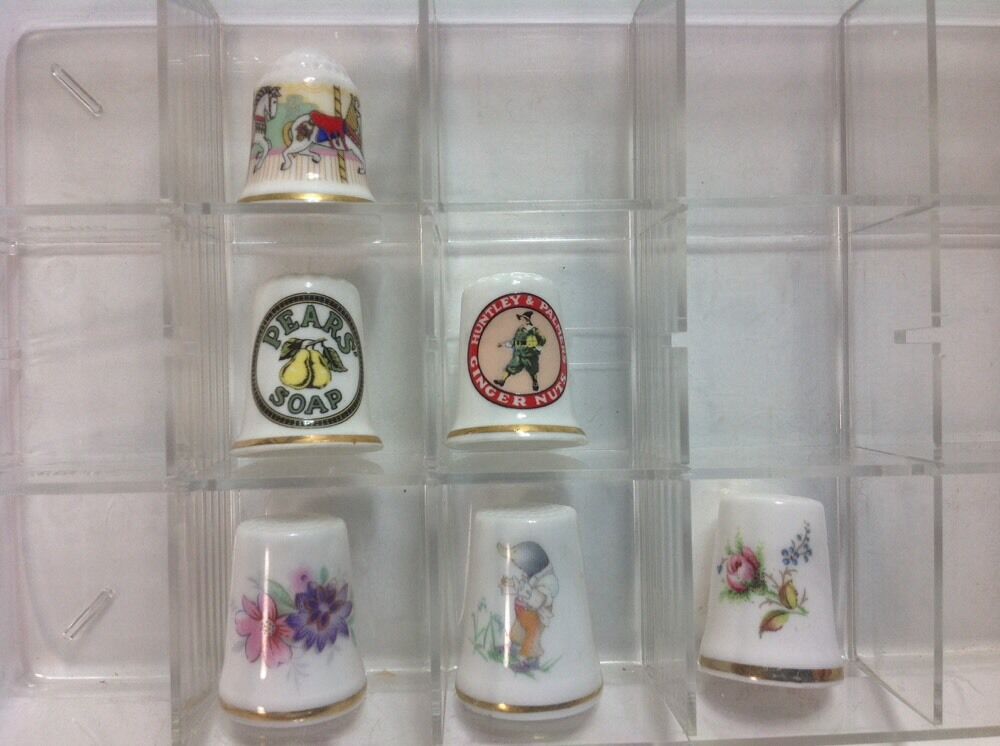 Vintage Lot 6 Porcelain Thimbles & Case Royal Doulton Royal Albert, Theodor Paul