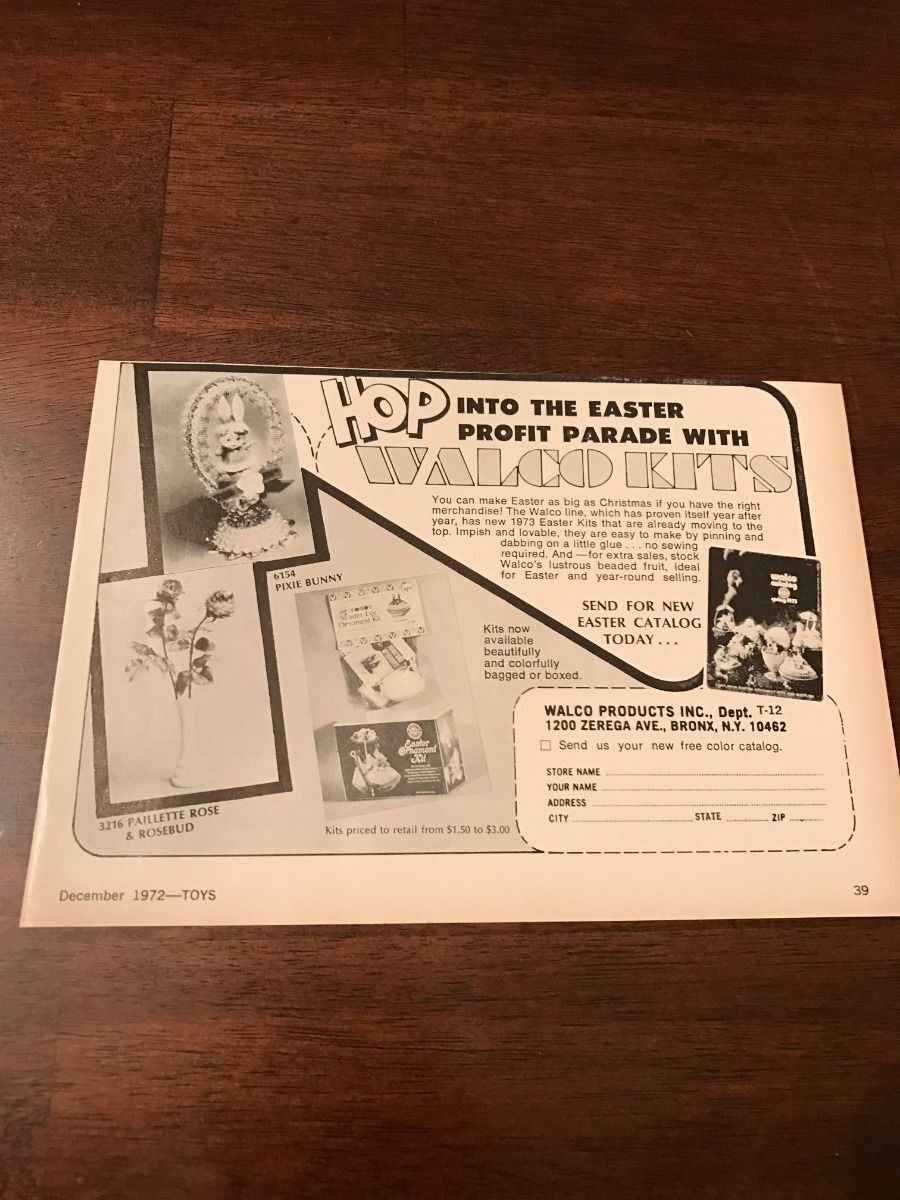 1972 VINTAGE 8X6 PRINT Ad FOR WALCO EASTER EGG ORNAMENT KITS HOP INTO THE PROFIT