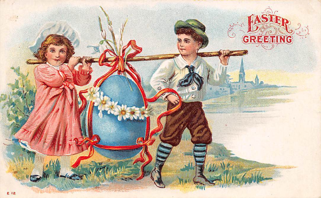 Unsigned Easter, c. 1910 Young Boy & Girl Carrying Giant Egg, Series #E 12