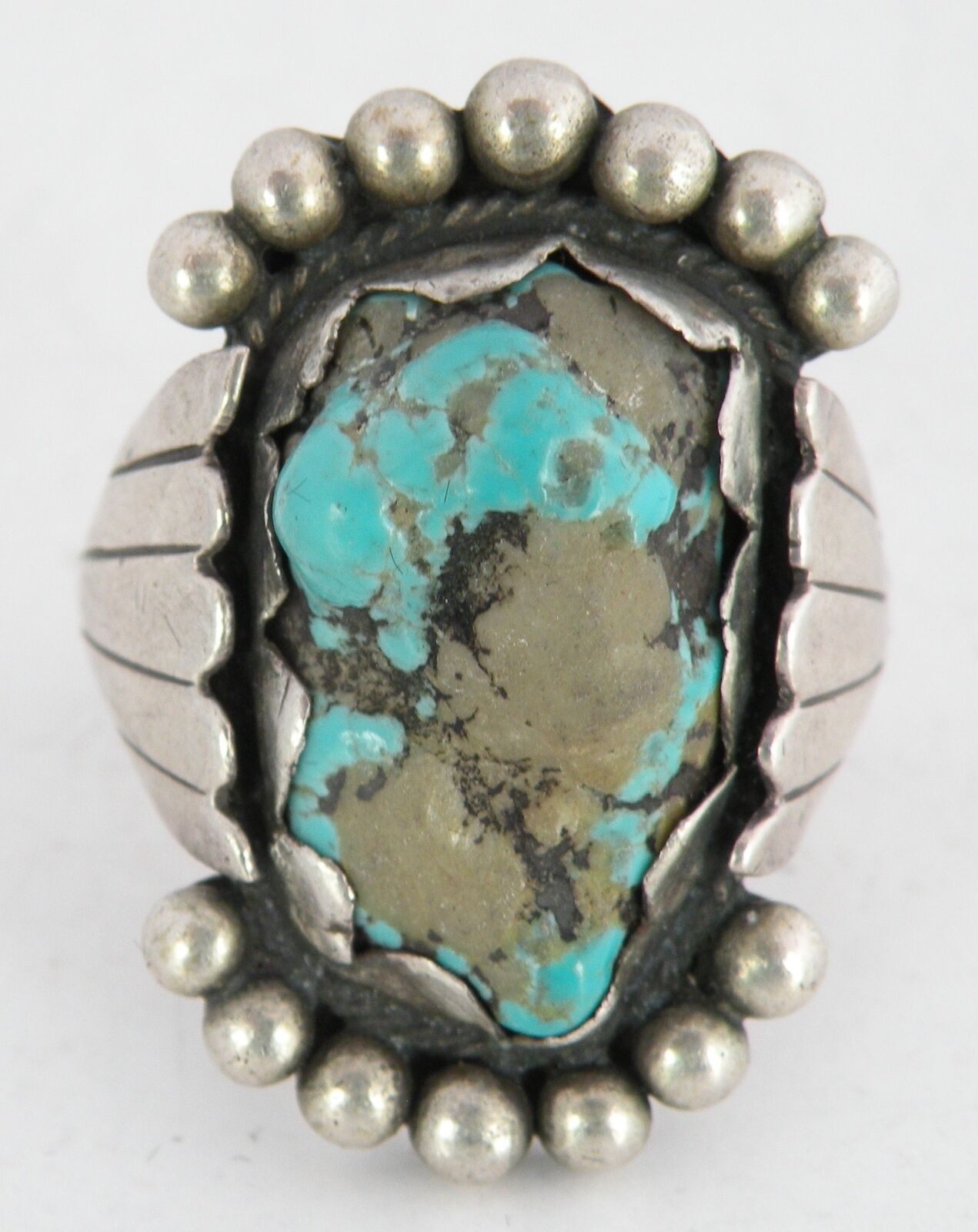 Old Native American Navajo large Turquoise rustic Sterling silver ring unique