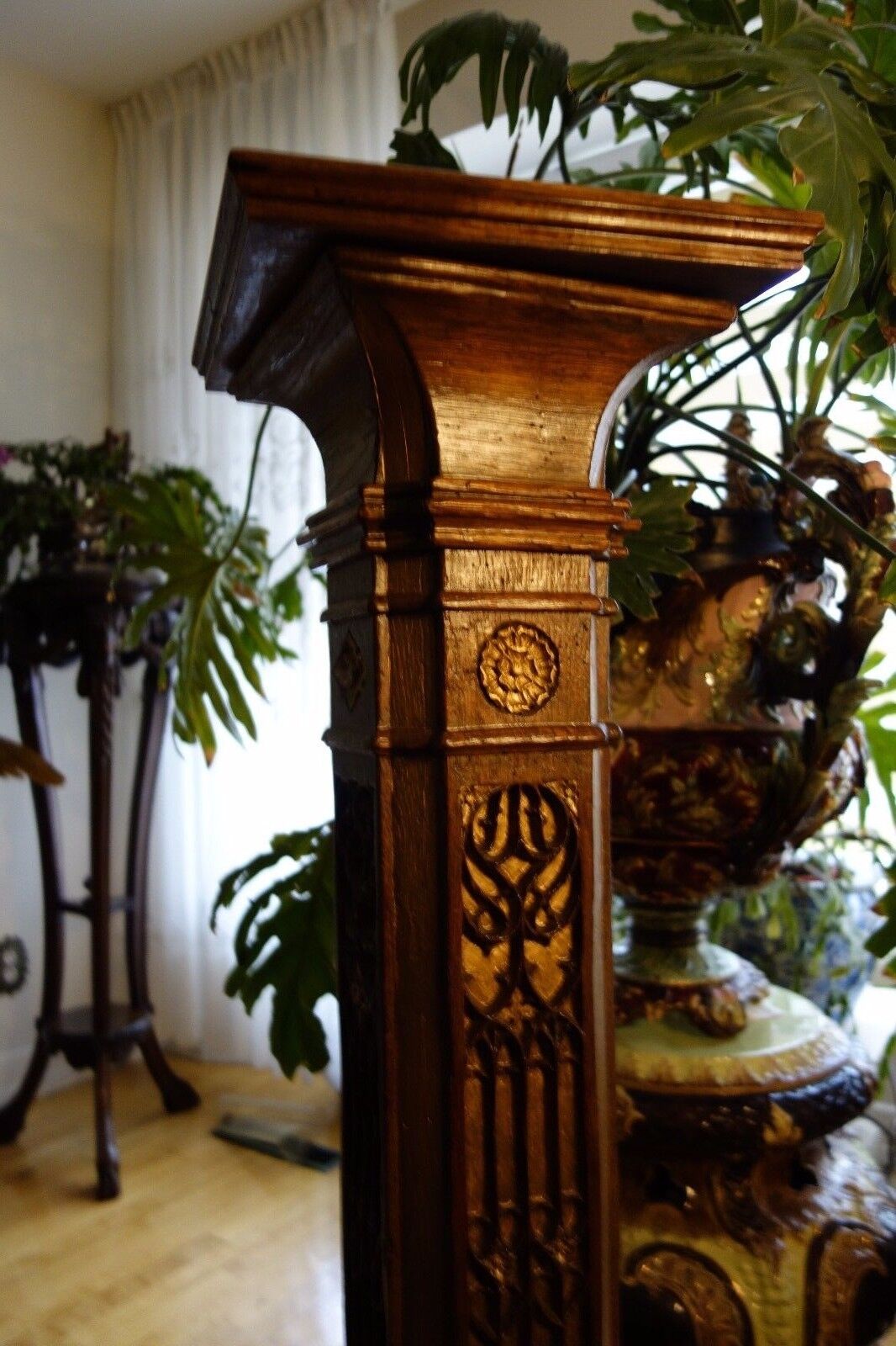 19C English Gothic Carved Oak Gilded Polychrome Pedestal