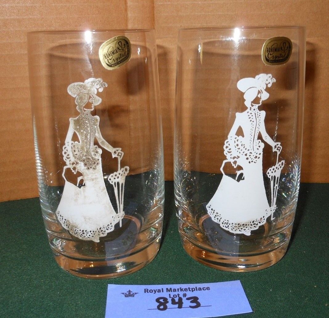 2 Vintage BOHEMIA Crystal Drink Glass Tumblers Victorian Woman Silhouette 