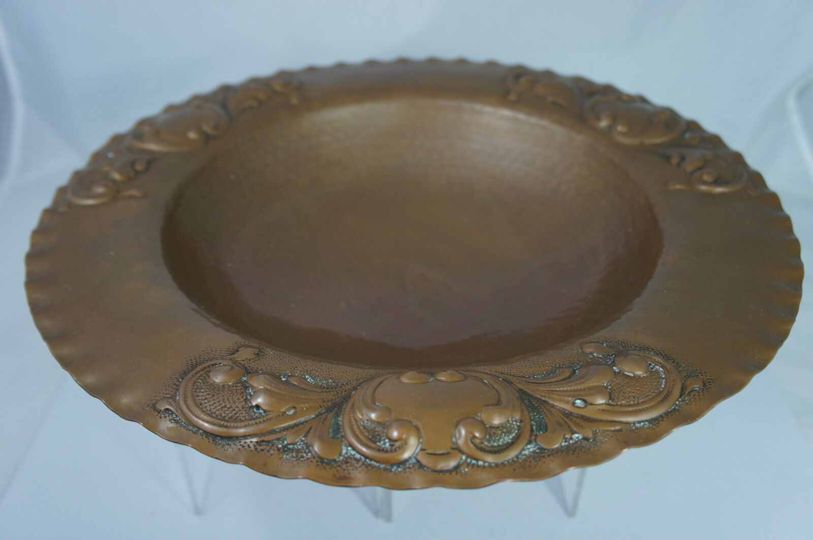 VINTAGE HAND CHASED EMBOSSED FOOTED COPPER BOWL 12\'\' MARKED BEAUTIFUL