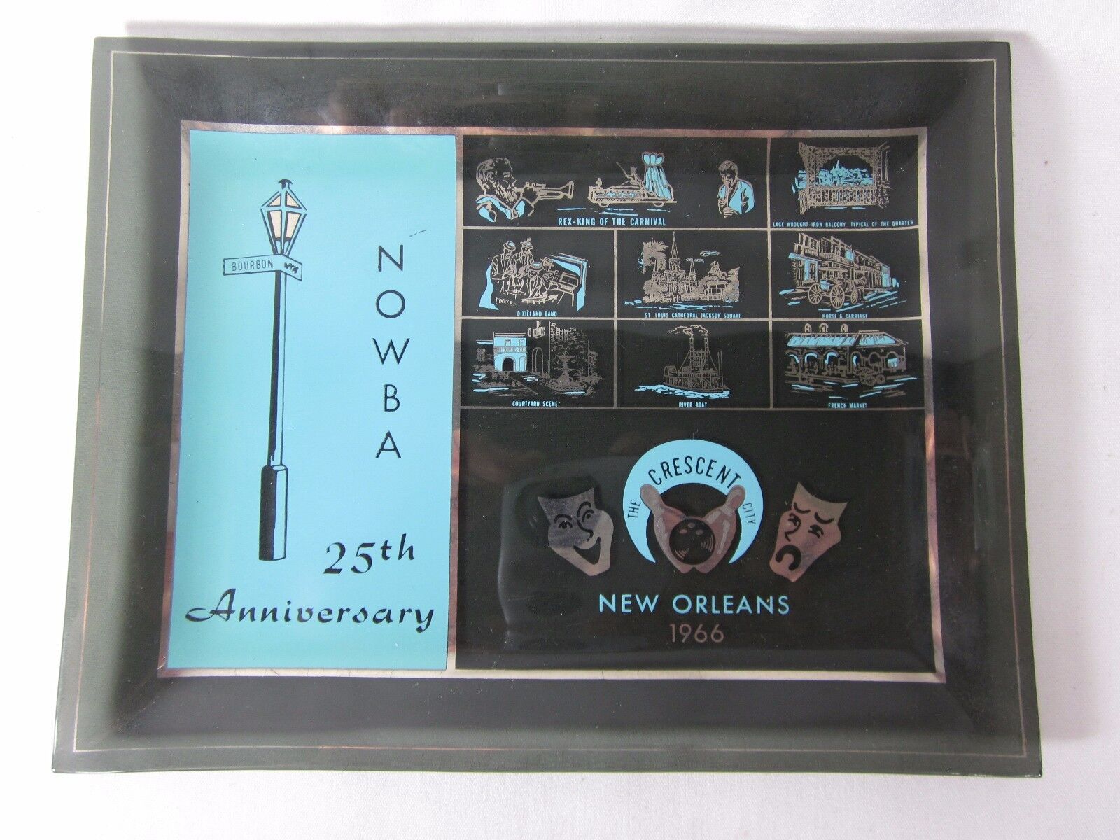 1966 New Orleans Bowling NOWBA 25th Anniversary Glass Plate Trinket Dish