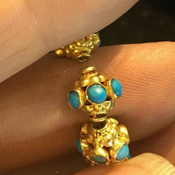 Victorian Antique solid genuine 22k gold bead Old Turquoise Spindle Whorl 1 bead