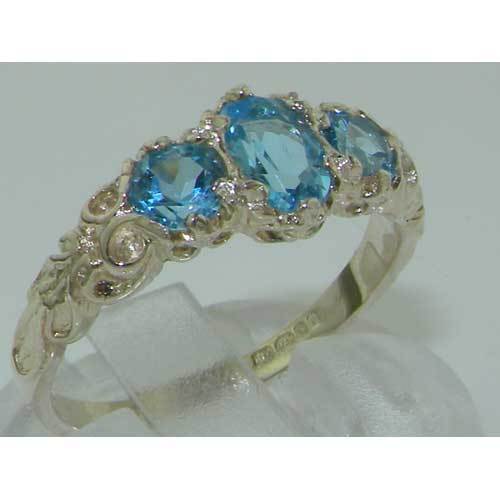 Ladies Solid Sterling Silver Natural Blue Topaz English Victorian Trilogy Ring