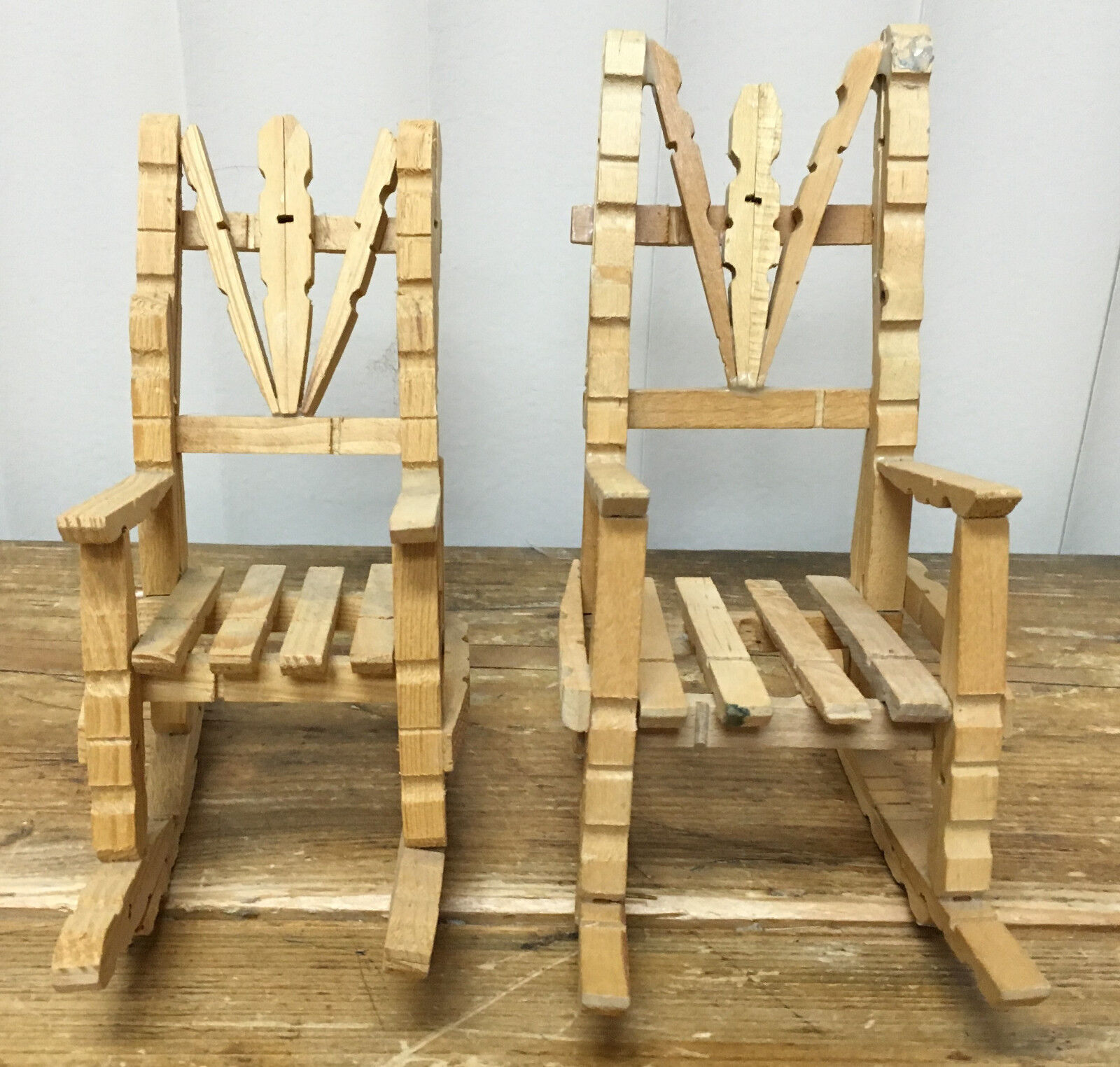 Folk Art Ladies Gentlemens Rocking Chairs Clothespins Handmade Doll House Pair