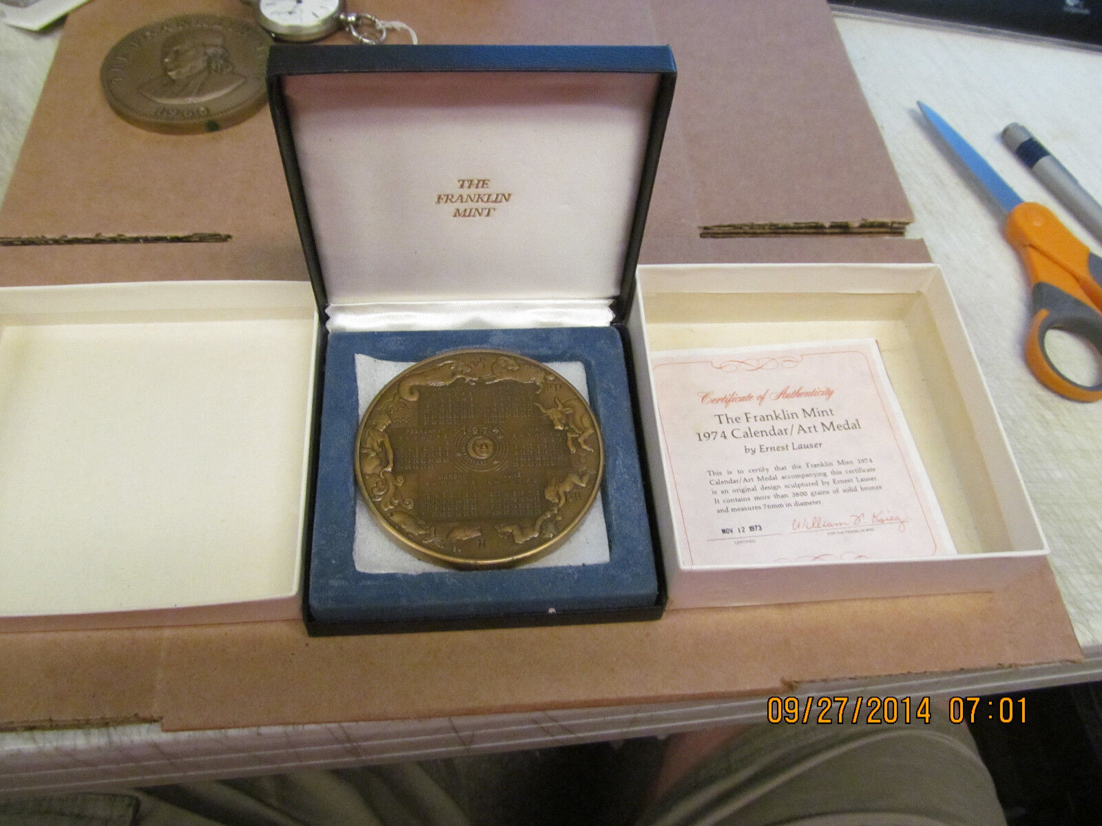 Franklin Mint 1974 Calendar / Art Medal   3800 grains of Solid Bronze  COA  Box