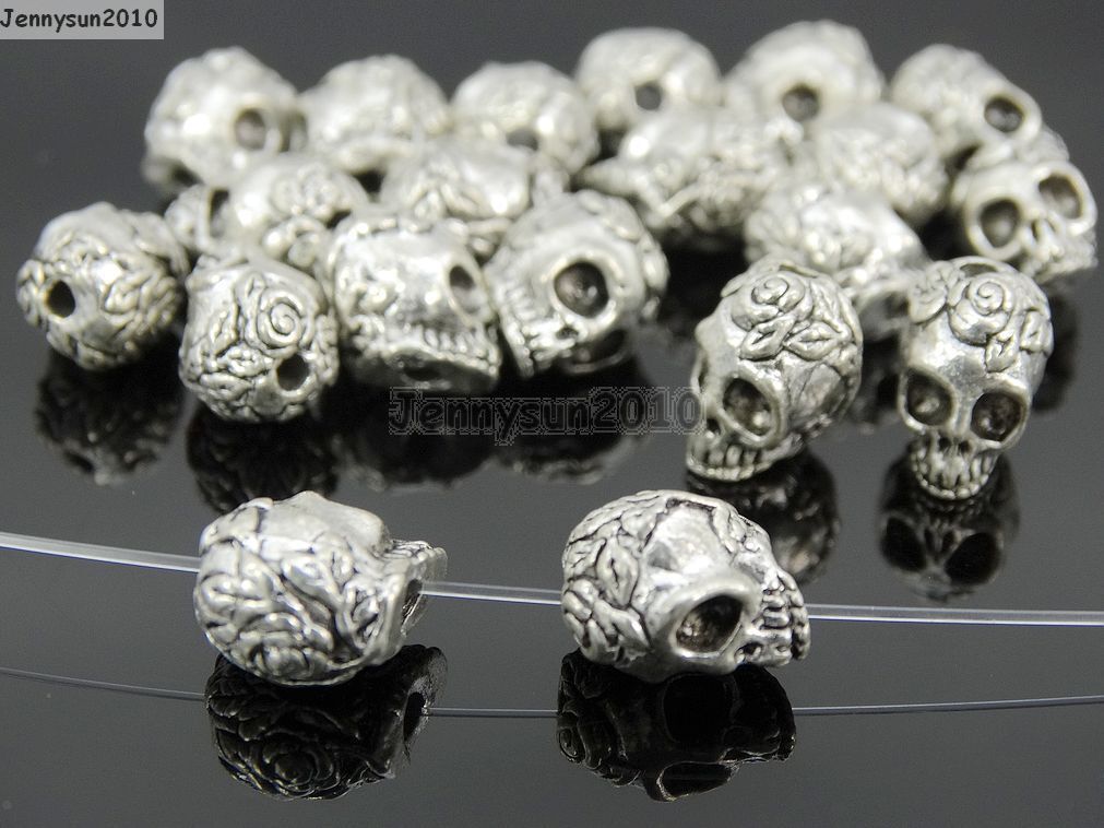 Solid Metal Rose Skull Head Bracelet Necklace Connector Charm Beads Silver Gold
