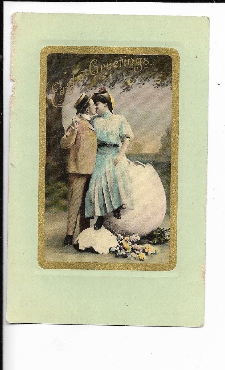 early easter postcard  victorian couple on broken egg dated 1911