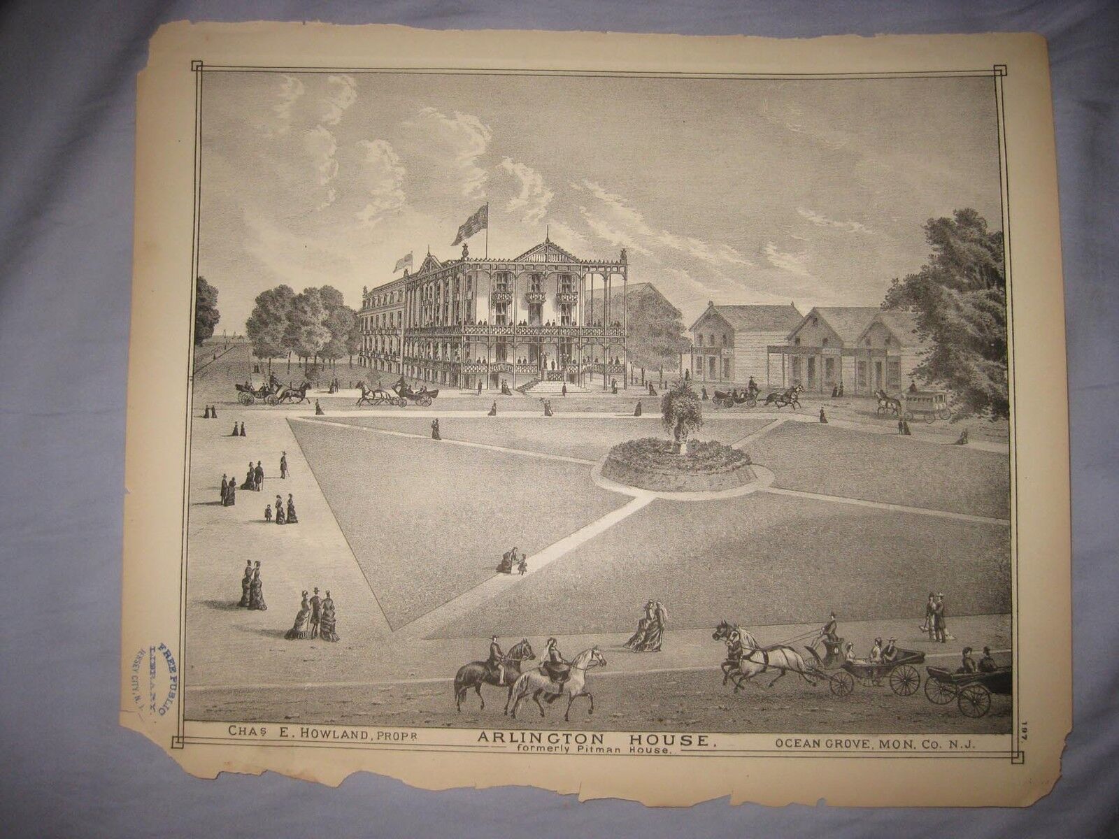 SUPERB ANTIQUE 1878 OCEAN GROVE NEW JERSEY LITHOGRAPH PRINT LARGE HOTEL FINE NR