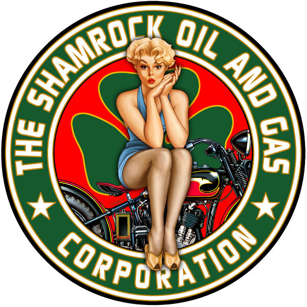 Sexy Shamrock Gas And Oil Pin Girl Motorcycle Mancave 14 Inch Round Metal Sign