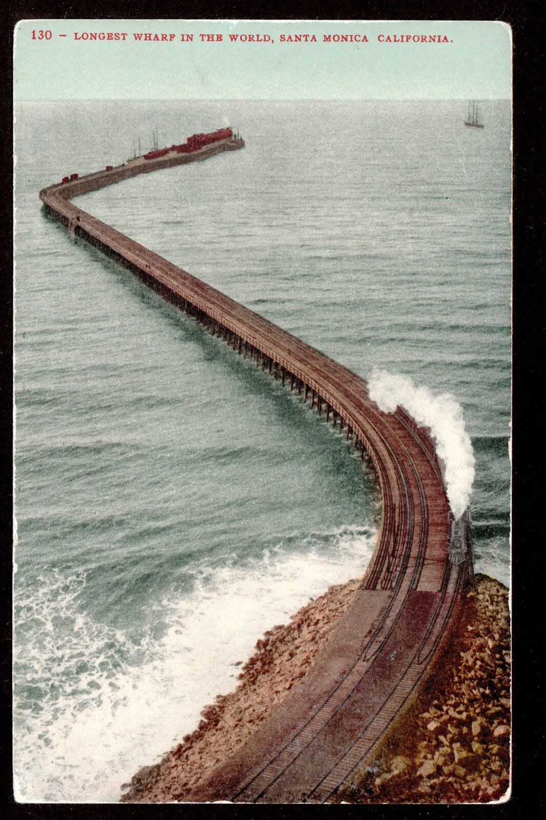 c1909 Train on longest Wharf in the World Santa Monica California postcard