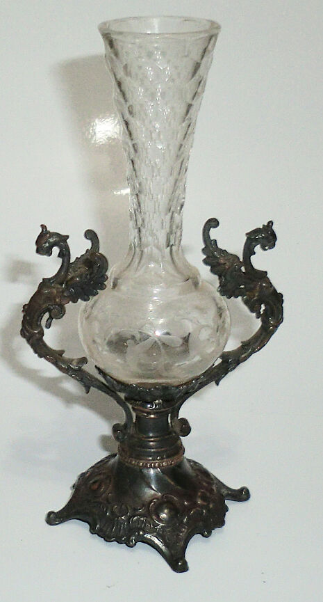 1800s Antique Sterling Dragon Chimera Mythological Etched Cut Crystal Vase 4-3/4