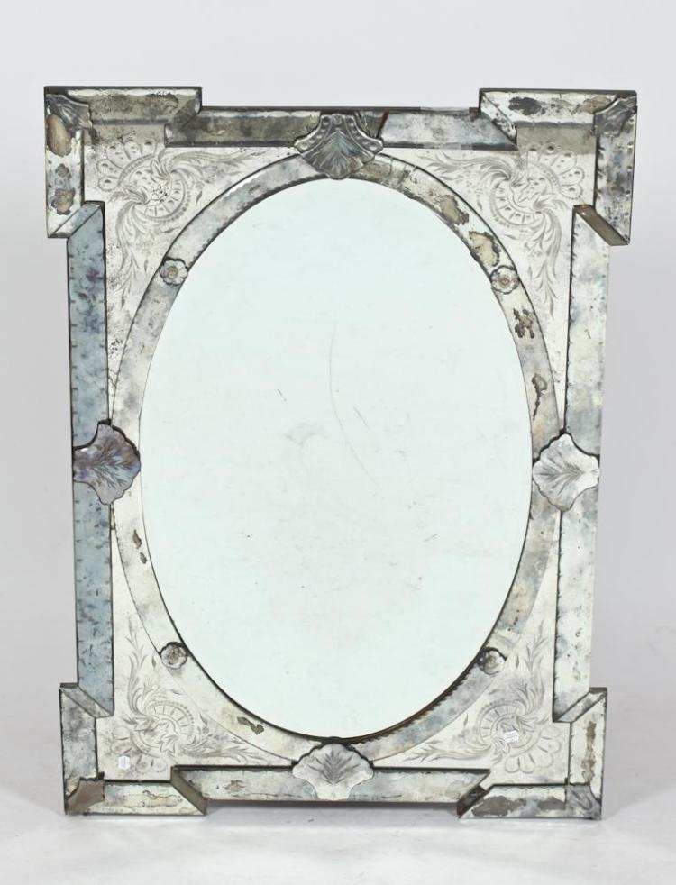 VENETIAN ETCHED GLASS WALL MIRROR, 19th century. - H: 42 1/4 in. x W:... Lot 542