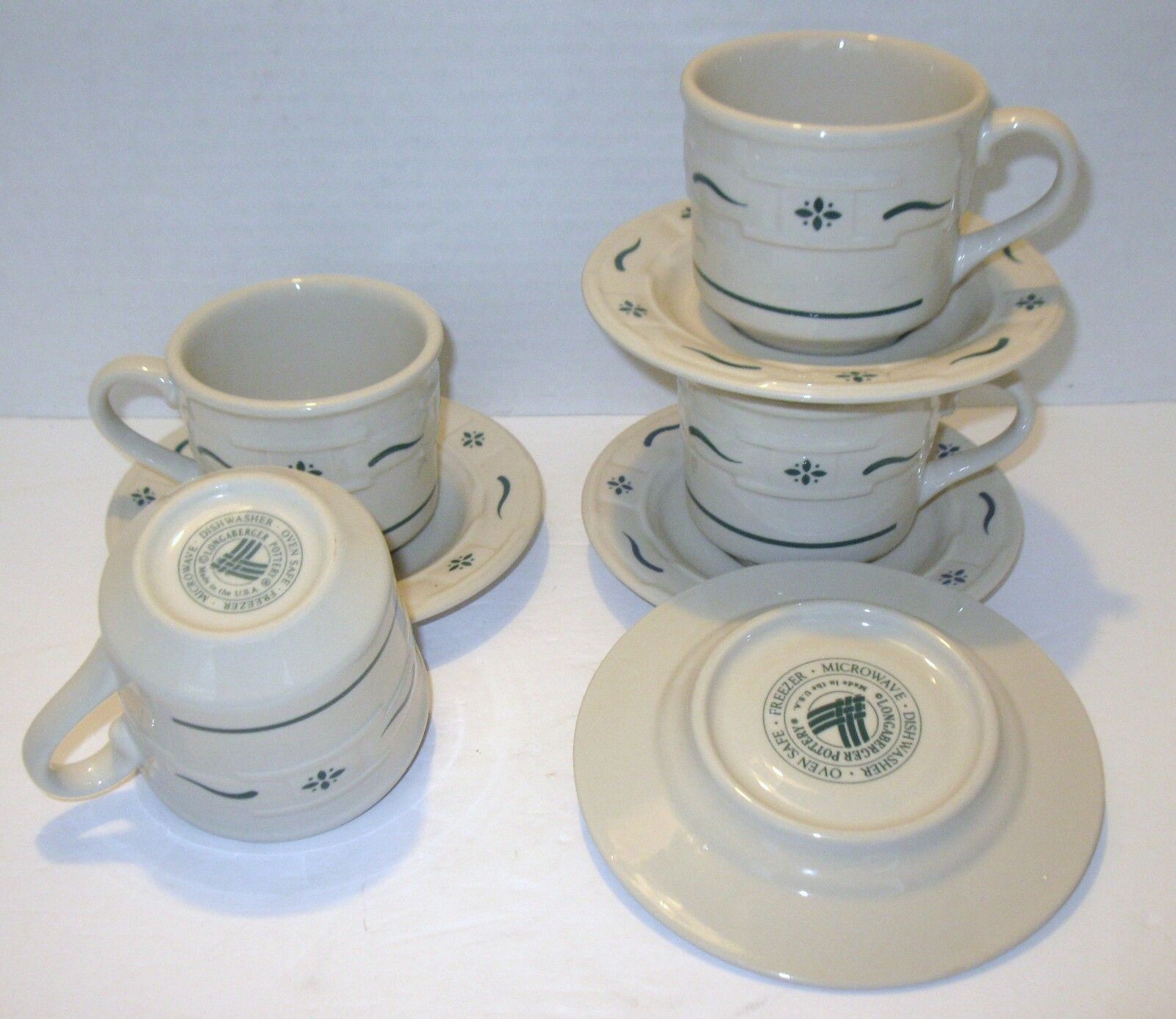LONGABERGER POTTERY Woven Traditions Coffee Cups & Saucers, Set of 4 in GREEN