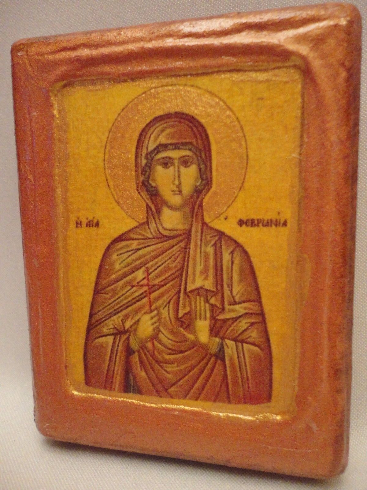 Saint Febronia of Nisibis Greek Orthodox Byzantine Rose Gold Icon on Wood