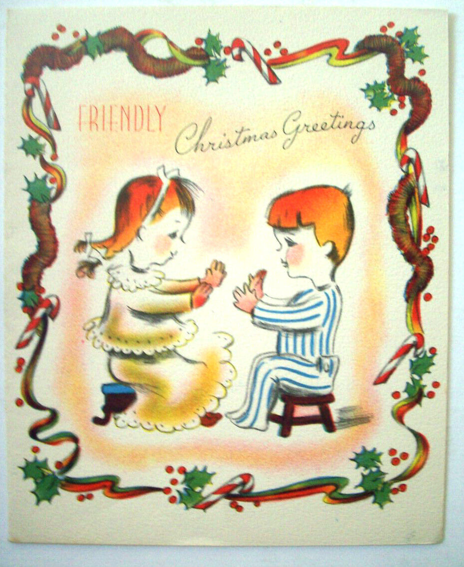 Children playing Patty cake in PJs CHRISTMAS VINTAGE GREETING CARD *O