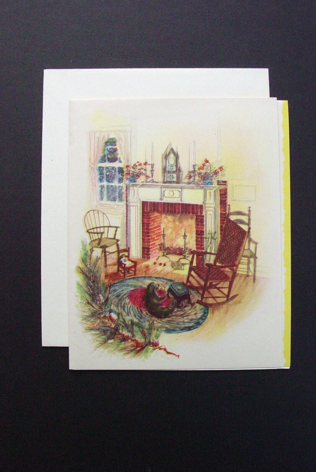 # I 199- Vintage Unused Glittered Xmas Greeting Card Family dog by the Fireplace