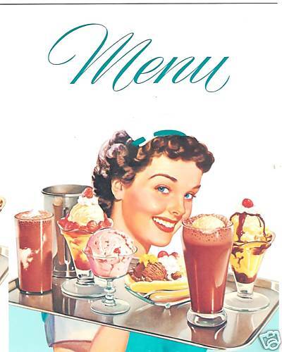 DINER MENUS Ice Cream Carhop Waitress for 50s Diner Soda Fountain SET of 3 MENU