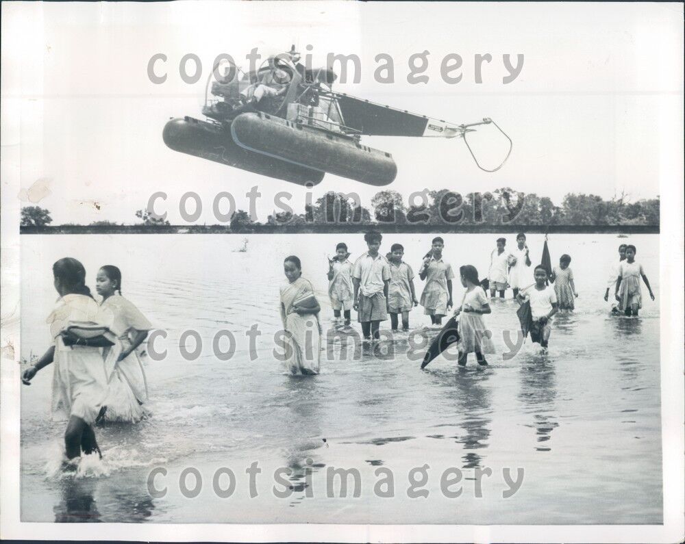 1954 Helicopter Over Children Walking Thru Floodwater Assam India Press Photo