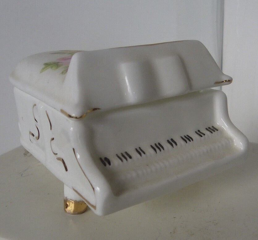 Vintage Bone China Porcelain Gold Trim Piano Footed Covered Trinket Box Jewelry