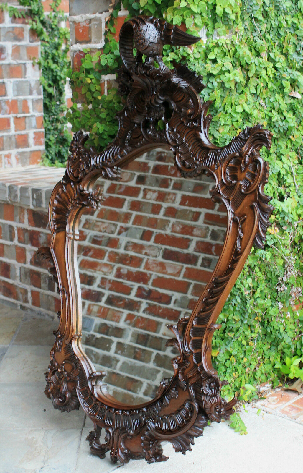 Antique French Walnut Rococo Open Carved Framed Wall Mirror Bird Crown LARGE