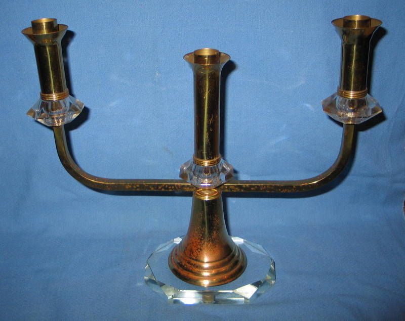 Vintage Sabbath Jewish Heavy Brass & Crystal Candle Holder 3 Branch