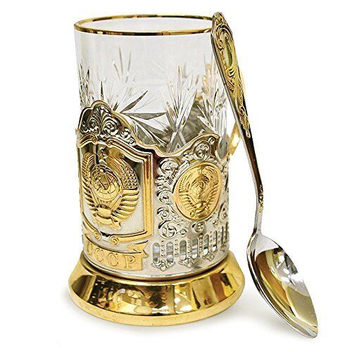 Russian  Drinking Glass Metal Holder Coat of Arms USSR Gift Set Gold tea set