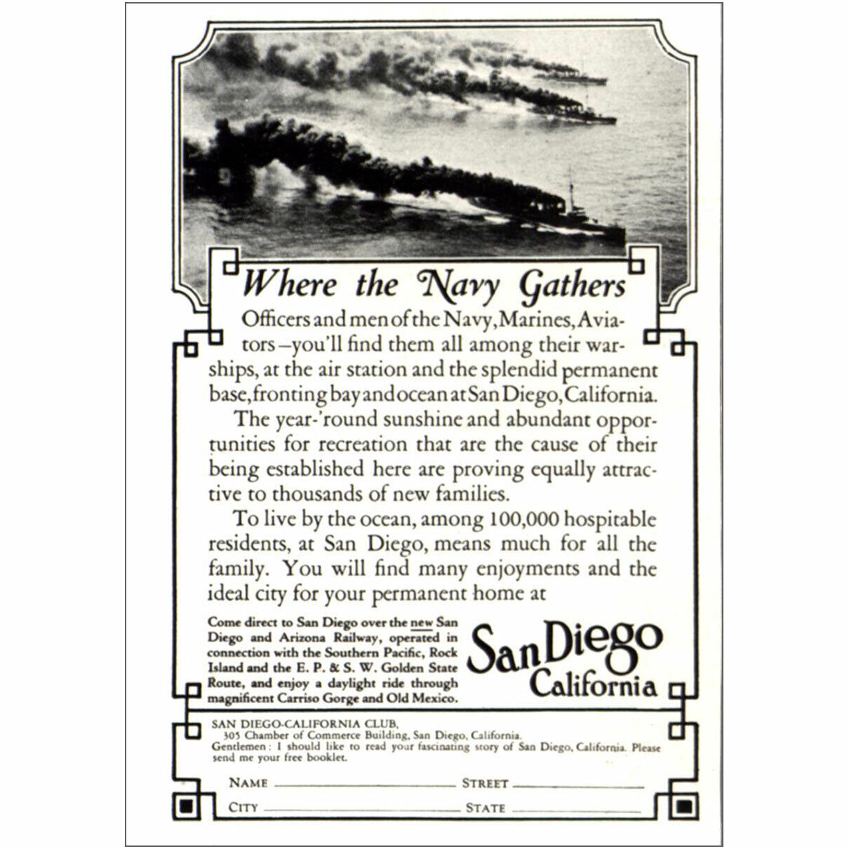 1922 San Diego California: Where the Navy Gathers Vintage Print Ad